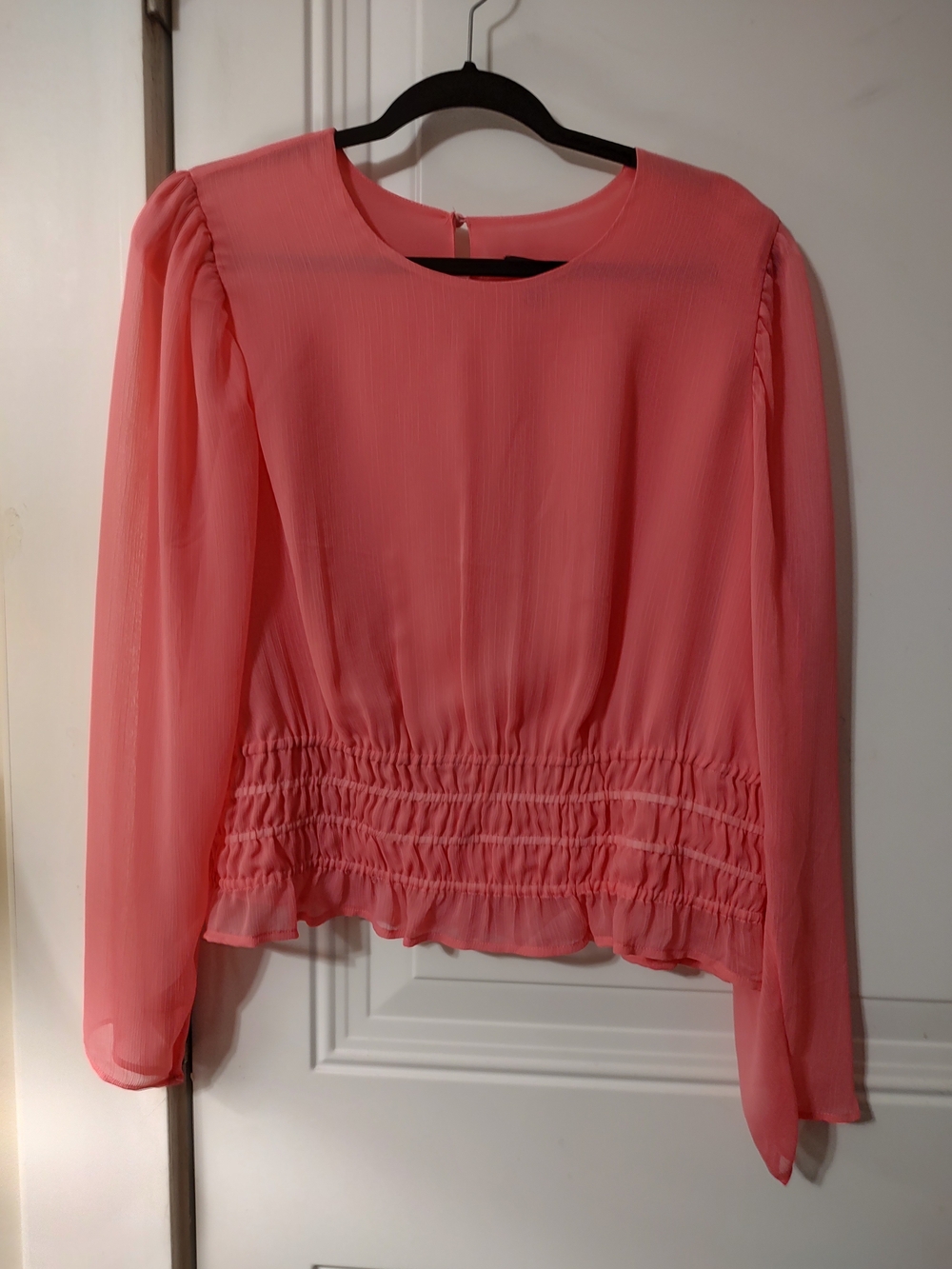Women's Pink Smocked Waist Long-Sleeve Blouse